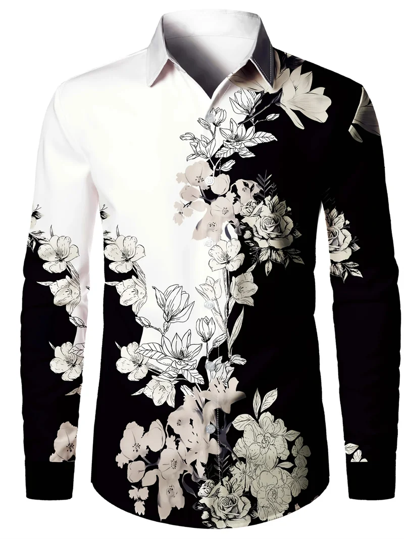 2025 New Men's Retro Fashion Long Sleeve Shirt Casual Collar Button Shirt Men's Ethnic Printed Shirt