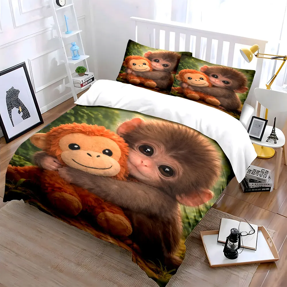 Baby monkey hugs plush toy in forest Printed Duvet Cover Set1 Duvet Cover+2 PillowcaseMulti Size Bedroom Bedding Decor