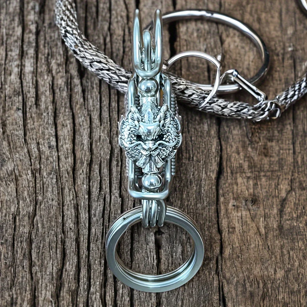 Stainless Steel Keychains, 3 Steel Wires Matte Color Handmade Dragon Head Mechanical Car Key Ring, American Men Outdoor Trinket