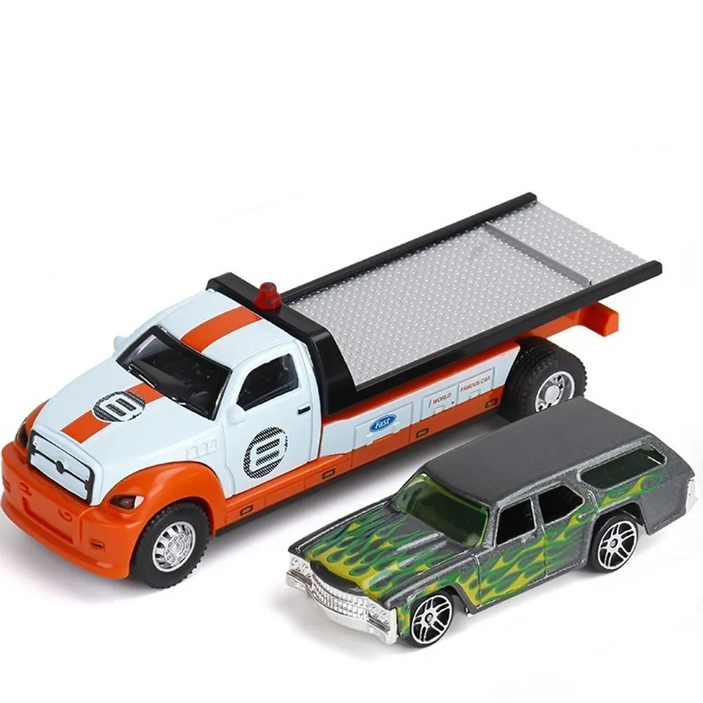 Escala 1:64 modelo de reboque de liga metálica fundida veículo de transporte veículos de engenharia de resgate puxar para trás deslizante