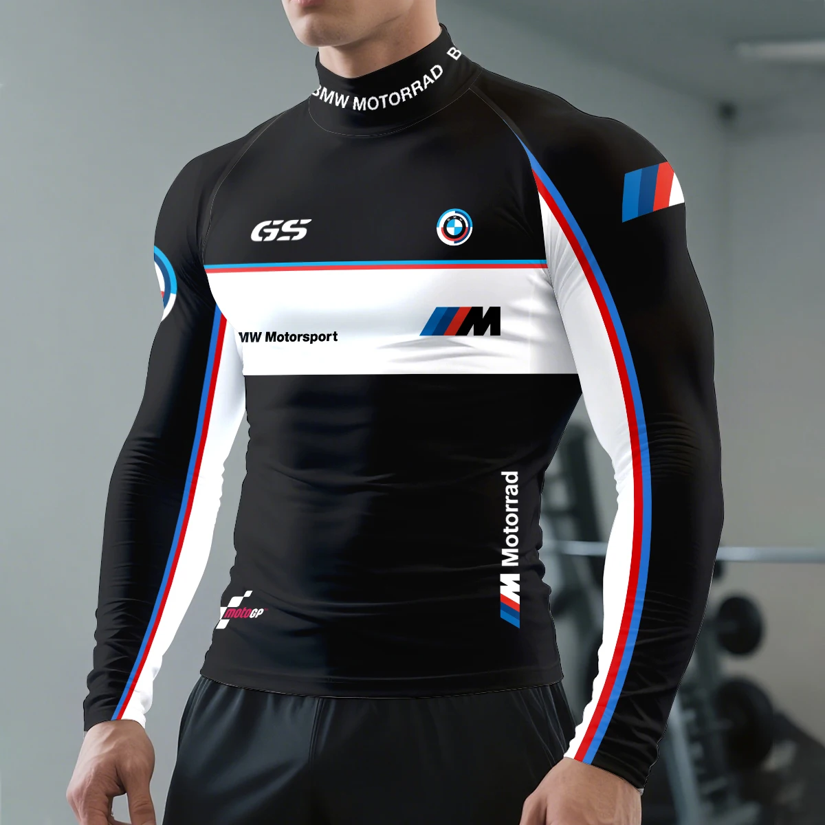 تي شيرت BMW شبه عالي الرقبة وأكمام طويلة للسباق الرياضي للدراجات النارية بقصة ضيقة أزرق وأبيض وأحمر كلاسيكي بثلاثة ألوان ملابس يومية