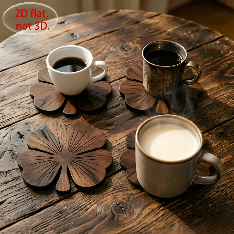 4Pcs 2D Flat Clover Wooden Coasters, Walnut‑Tone Desktop Protector Set for Coffee Tea Drinking Cups - view 3