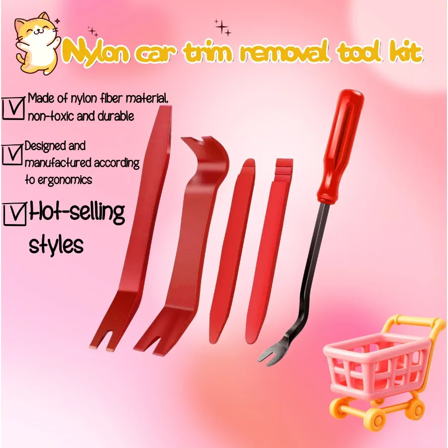 5-Piece Red Nylon Car Trim Removal Kit, Non-Scratch Auto Panel Audio Dashboard Pry Tool Set for DIY Repair