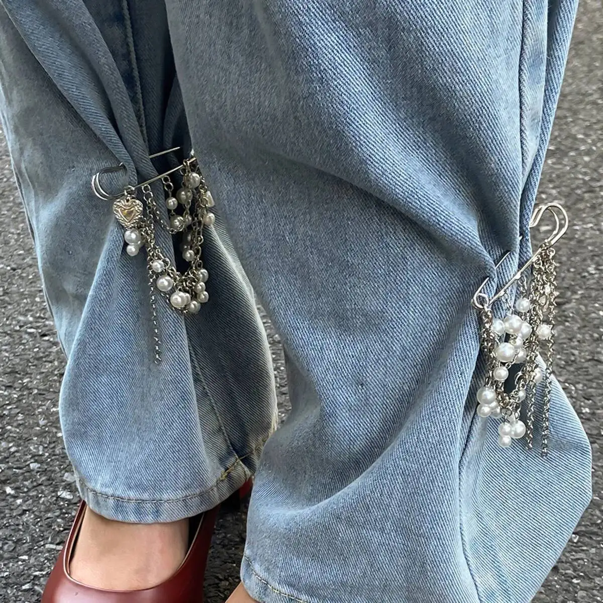 IngeSight.Z Mode Elegante Imitation Perle Quaste Knöchel Kette Frauen Abnehmbare Jeans Brosche Kette Kleidung Schmuck Zubehör