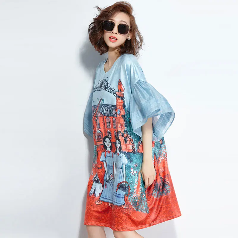 الصيف قصيرة الأكمام المتضخم فستان حجم كبير المرأة الكرتون تي شيرت مطبوع عطلة الشاطئ فستان فضفاض الملابس النسائية