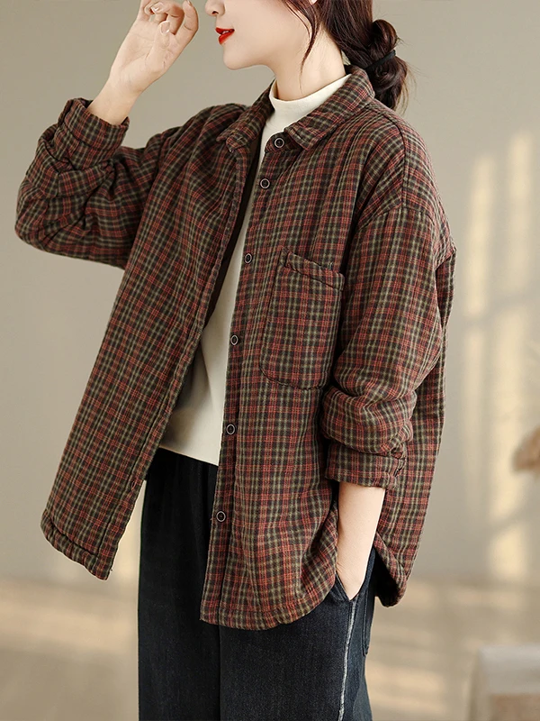 

Зимний клетчатый хлопковый джет, свободный плюс размер, сэндвич-хлопок, женская одежда, воротник, длинная застежка на одной пуговице...