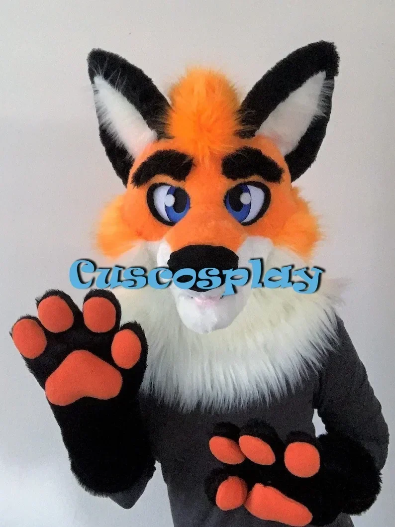 Orange Black Fur Fox Dog Husky Mascot Head and Hand Costume Furry Suit Fursuit Halloween Christmas Birthday Party Gift