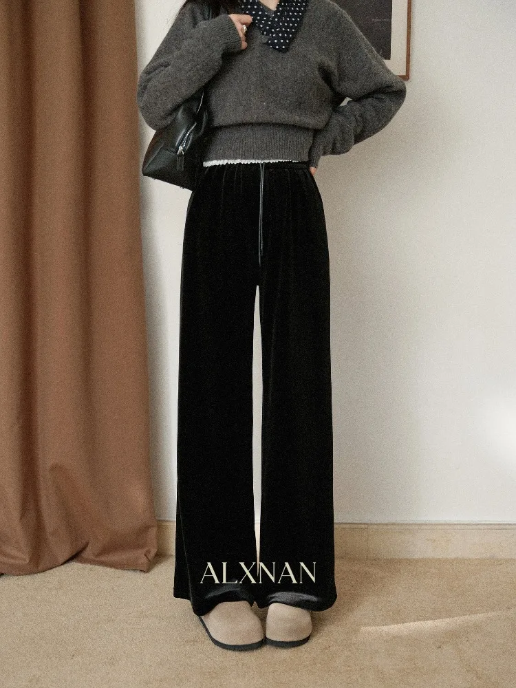 

ALXNAN Women Wide Leg Pants Black Casual Straight High Waist Loose Fit Pants Autumn Winter Long Baggy Trousers Ladies L59938