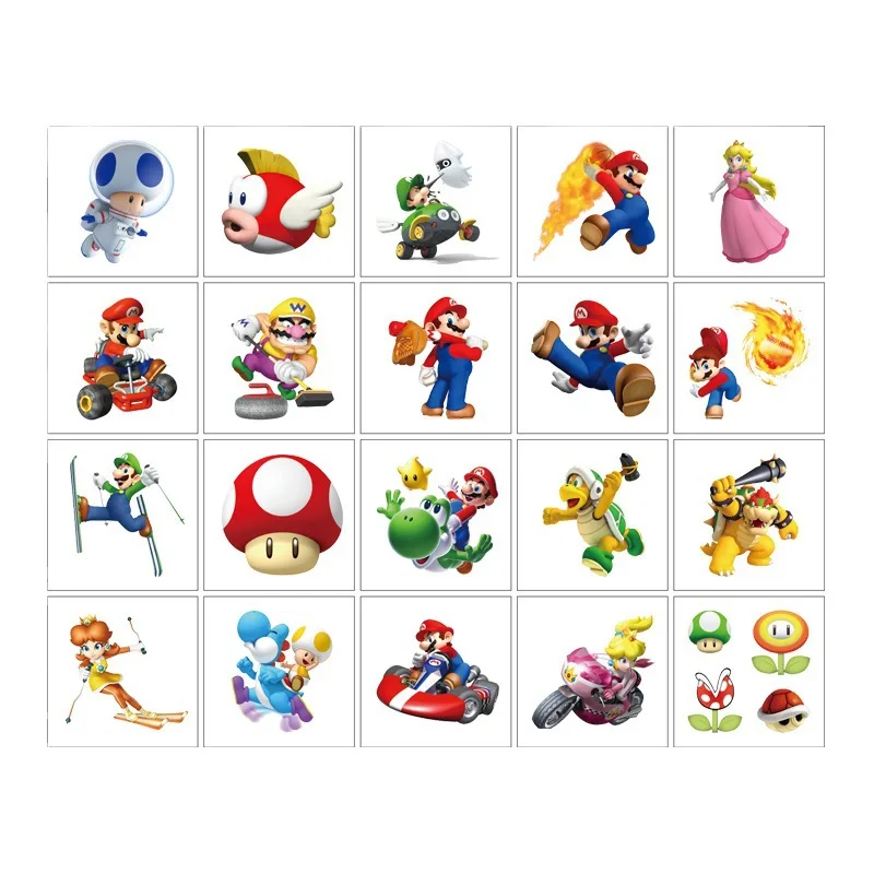 20Pcs Cartoon Super Mario Bros Tattoo Sticker Children\'s Reward Sticker Pack Cute Pikachu Laptop Skin Stickers