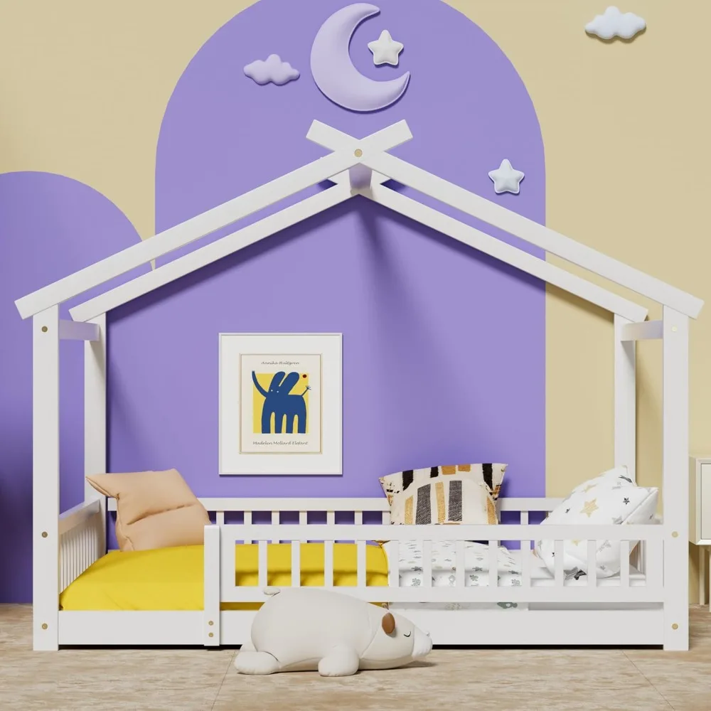 سرير أرضية كاملة مع درابزين أمان، سرير أرضية مونتيسوري خشبي مع سقف، إطار سرير مونتيسوري للمنزل مع شرائح، بدون صندوق Spr #4