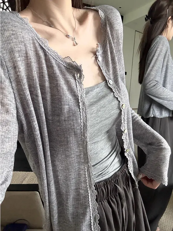 

Lightweight Lace Knitted Sun Protection Cardigan Women's Summer Tank Top Skirt Outer Shawl Air Conditioner Cover up