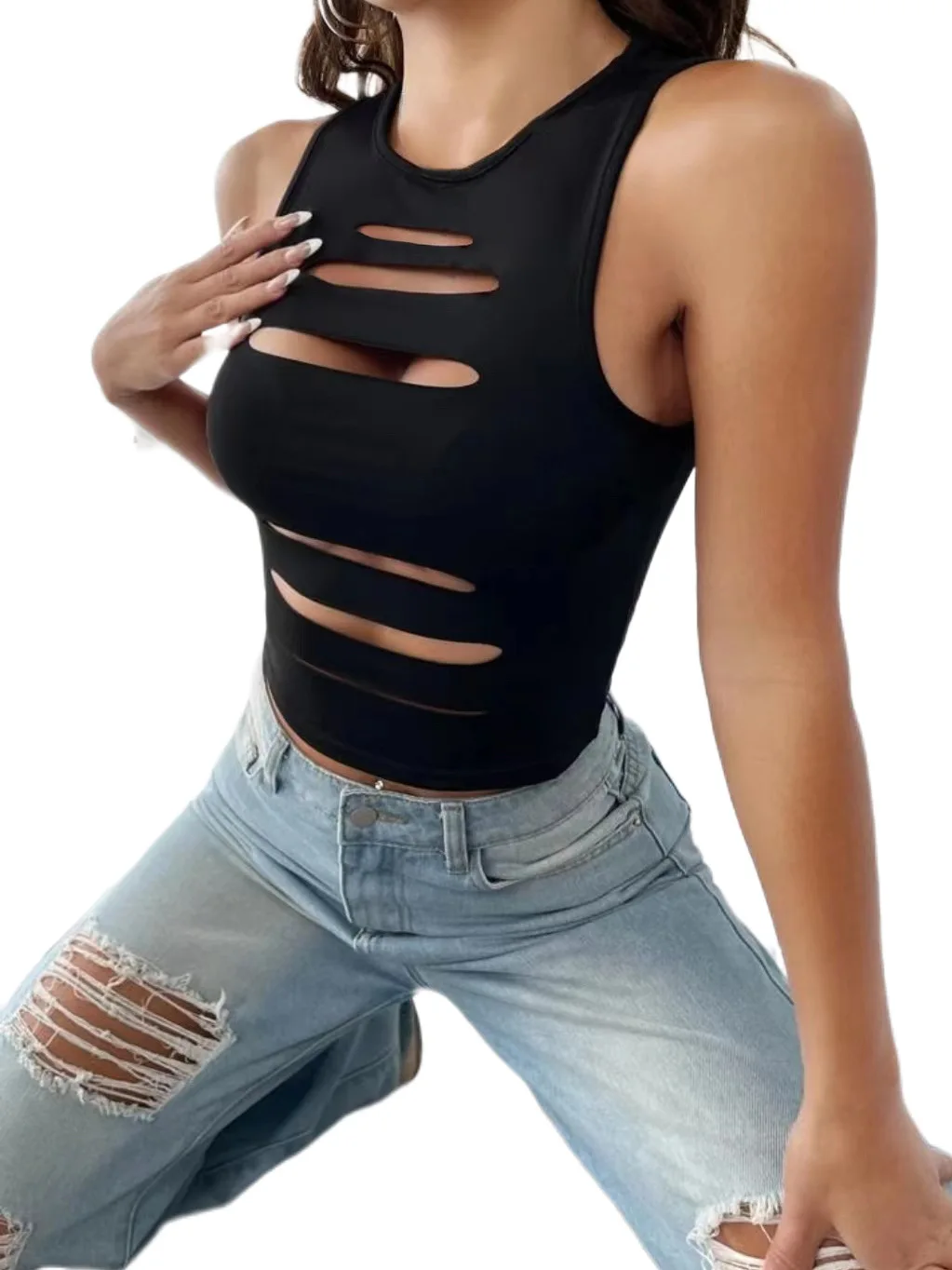 Cut Out Slim Tank Top Women\'s Summer Slim Fit Y2K Solid ArmyGreen Sleeveless Round Neck Cutout Crop Tank Top Cool Bodycon Women