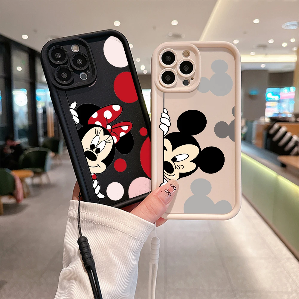 Fashion Disney Mickey Minnie Mouse Phone Case for IPhone 16 15 14 13 12 11 Pro Max Mini Plus Soft TPU Back Cover With Hand Strap