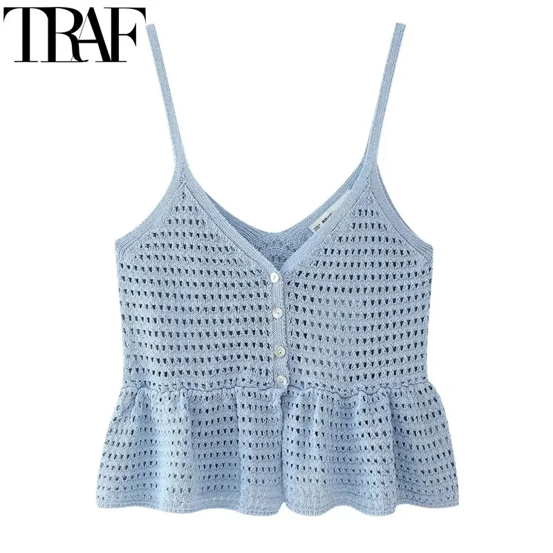 TRAF Knitted Crop Top Woman Blue Cut Out Tops With Straps Summer Backless Sexy Camisole Top Female Sleeveless Ruffle Beach Top