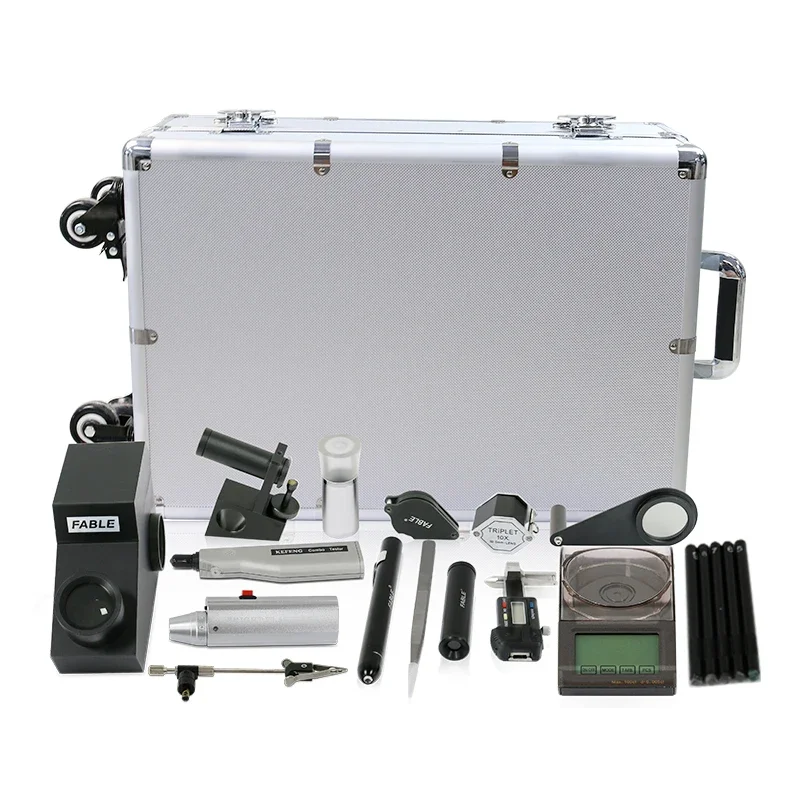 مختبر السفر لتحديد الأحجار الكريمة المحمول عالي الجودة مع 20 نوعًا من أدوات الأحجار الكريمة وأجهزة اختبار المجوهرات والقياسات