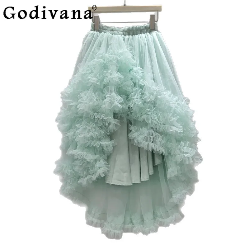 気質フレンチロマンチック快適な伸縮性ウエスト甘いガーゼスカート甘い女の子不規則エレガントなフリルファッションケーキスカート