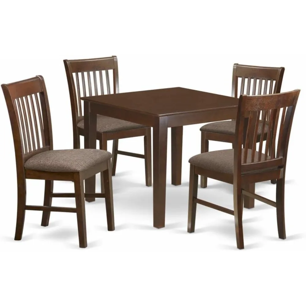 Oxford 5 Piece Dining Set Includes a Square Solid Wood Table and 4 Linen Fabric Kitchen Room Chairs, 36x36 Inch, Mahogany