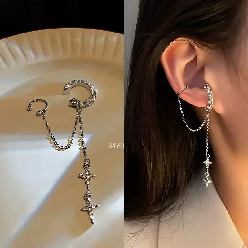 

Silver Color Crystal Tassel Non-Piercing Cuff Ear Clip Earring for Women Rhinestone Star Fake Cartilage Piercing Jewelry