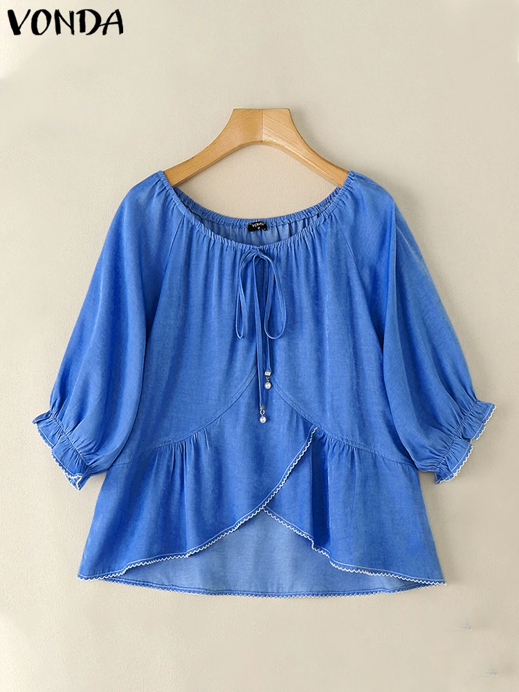 

VONDA летние женские блузки однотонные кружевные лоскутные блузки с круглым вырезом с неровным подолом уличная туника женская одежда топы футболки