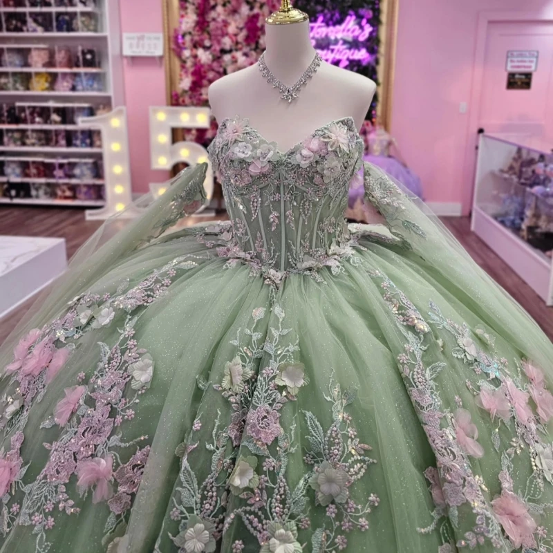 Grün glänzende Quinceanera-Kleider, schulterfrei, Applikation, Blumenperlen, Kristall, Tüll, Korsett, Party, Geburtstag, süßes 16-Kleid