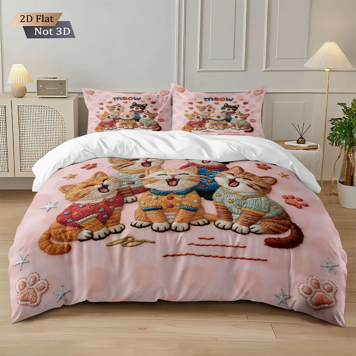 3pcs Cartoon Cute Cat Printed Coreless Down Duvet Cover Set, Multi Size Bedroom Bedding Decoration, Machine Washable
