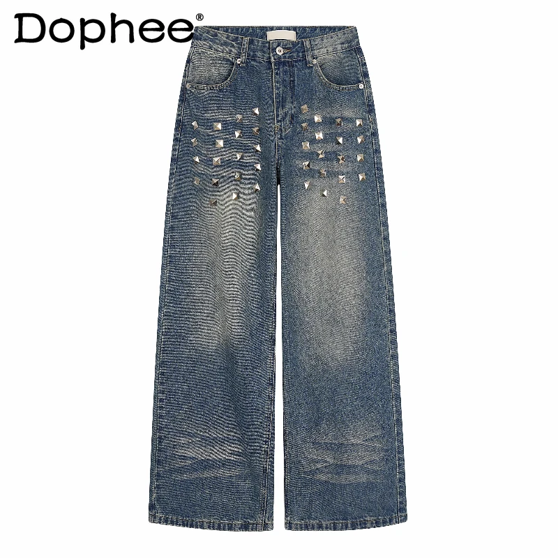 

Trendy Rivet Wide Leg Straight Jeans Men's Women's 2026 Spring Autumn New Loose Versatile Chic Denim Pants Trendy Denim Trousers