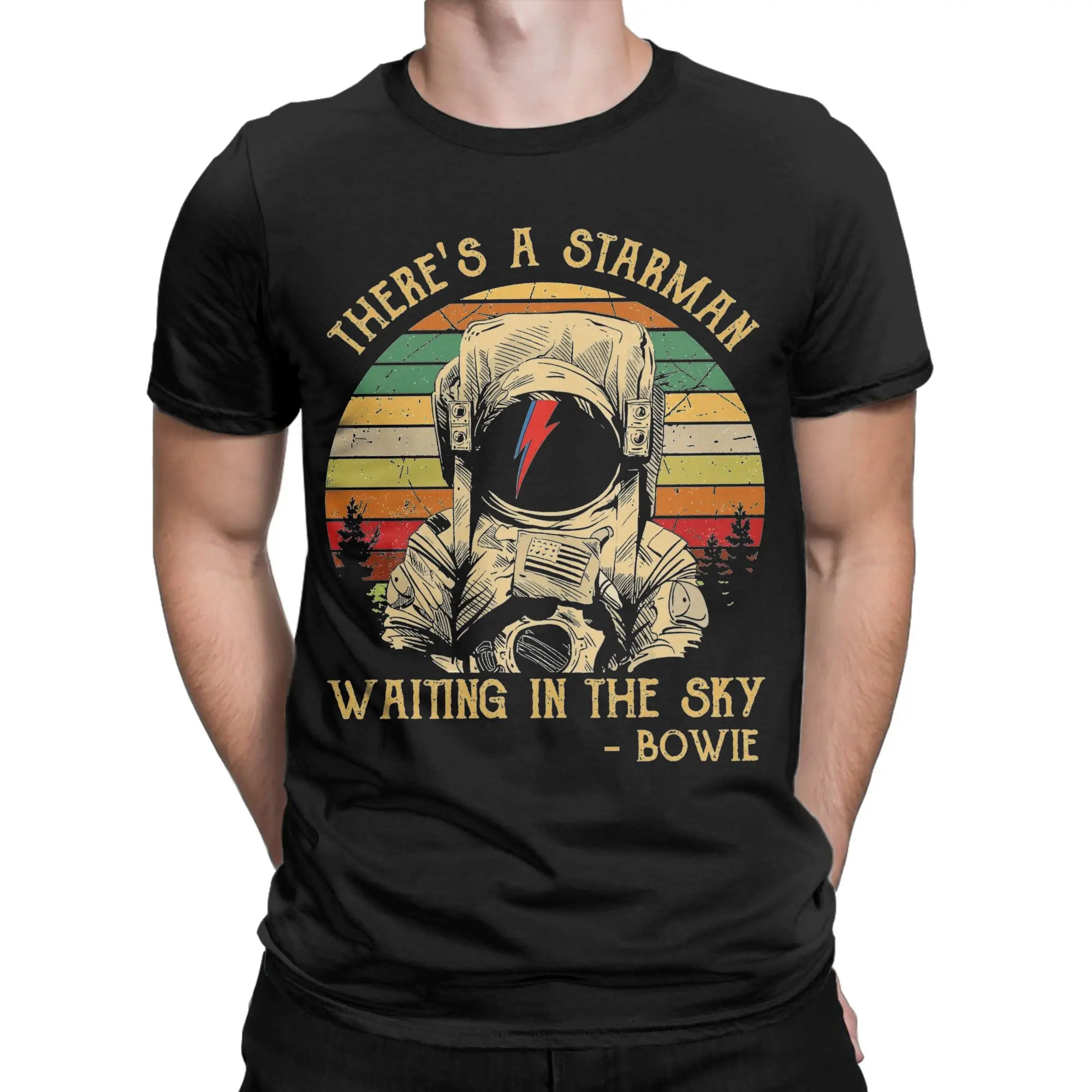 There's A Starman Waiting In The Sky Davids Bowied T Shirt Men's  100% Cotton T-Shirt Tee Shirt Short Sleeve Clothing Classic
