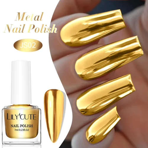 LILYCUTE 7ml Esmalte de uñas metálico dorado de secado rápido efecto espejos superbrillantes barniz para decoración de uñas DIY botella de vidrio sin lámpara LED