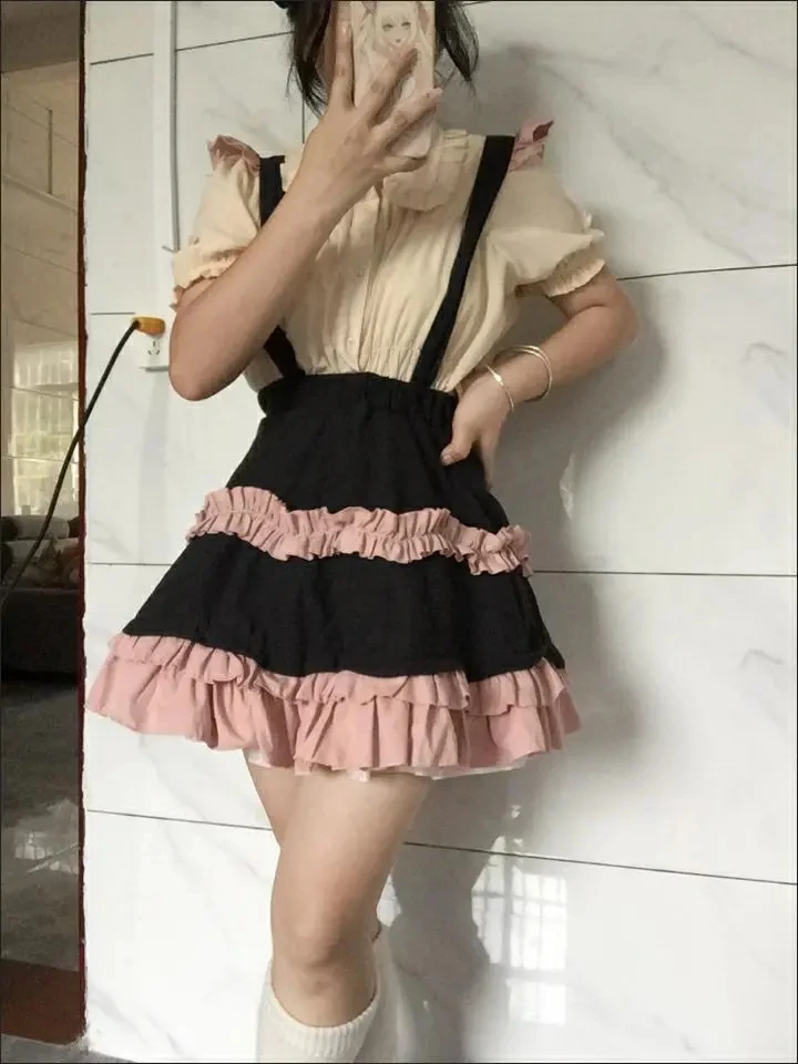 

Sweet Lolita Black Pink Skirts Y2k Gothic Vintage Cake Skirt For Women Pleated All-match Faldas Mujer Ruffle