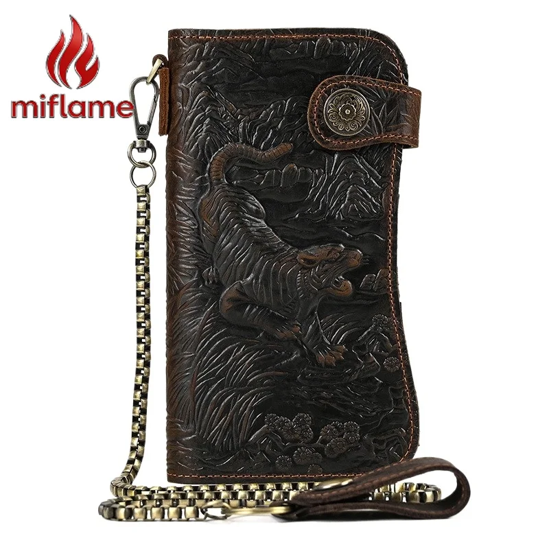 

Мужской кожаный кошелек-портмоне класса люкс из кожи Crazy Horse с тиснением дракона и тигра, винтажный, с цепочкой, защита от кражи, модный