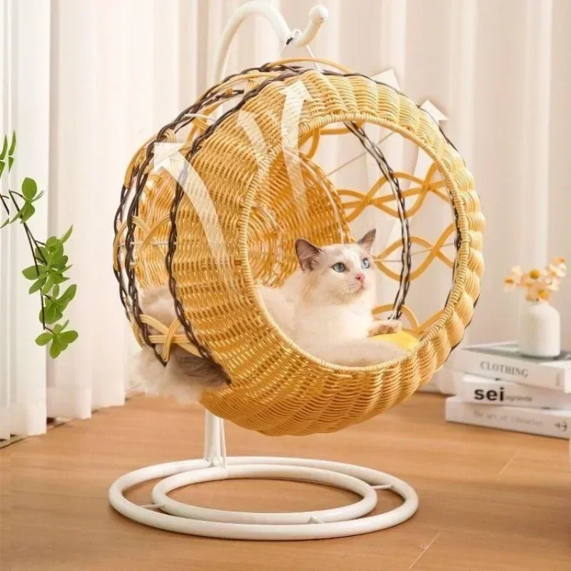 Rattan Cat Nest Summer Cooler Pet Cool All-season Universal Net Red Cat Bed Cat Removable and Washable Large Hanging Basket