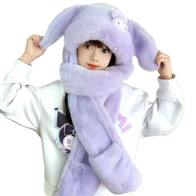 Sanrio Kuromi children's hat and scarf integrated autumn and winter girls rabbit ears thickened warm plush scarf wholesale