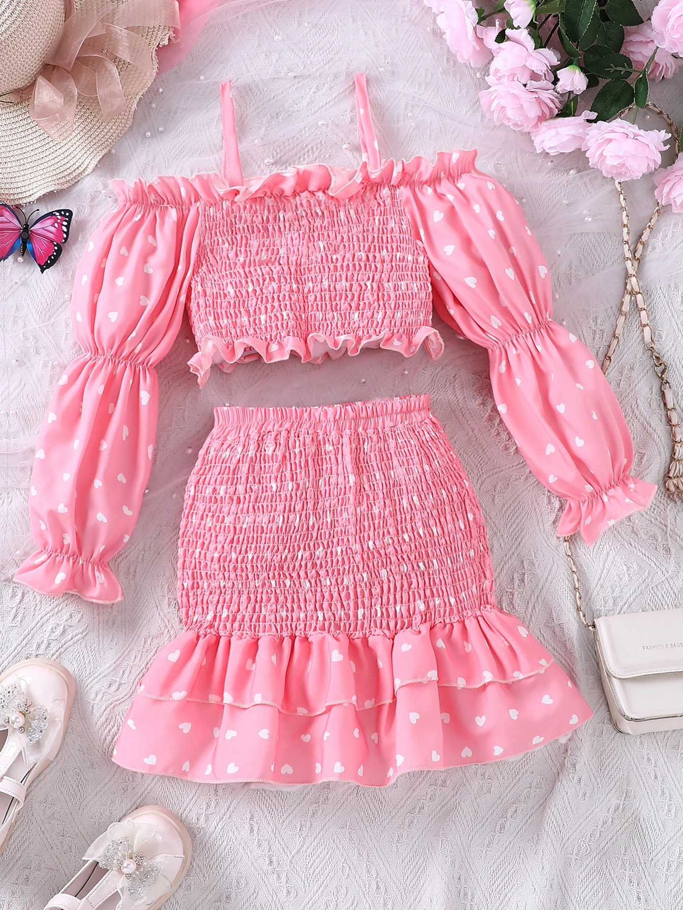 Girl's Spring New Product Valentine's Day Love Two Piece Set With One Line Neck Bubble Sleeve Top And Hip Wrap Skirt Set