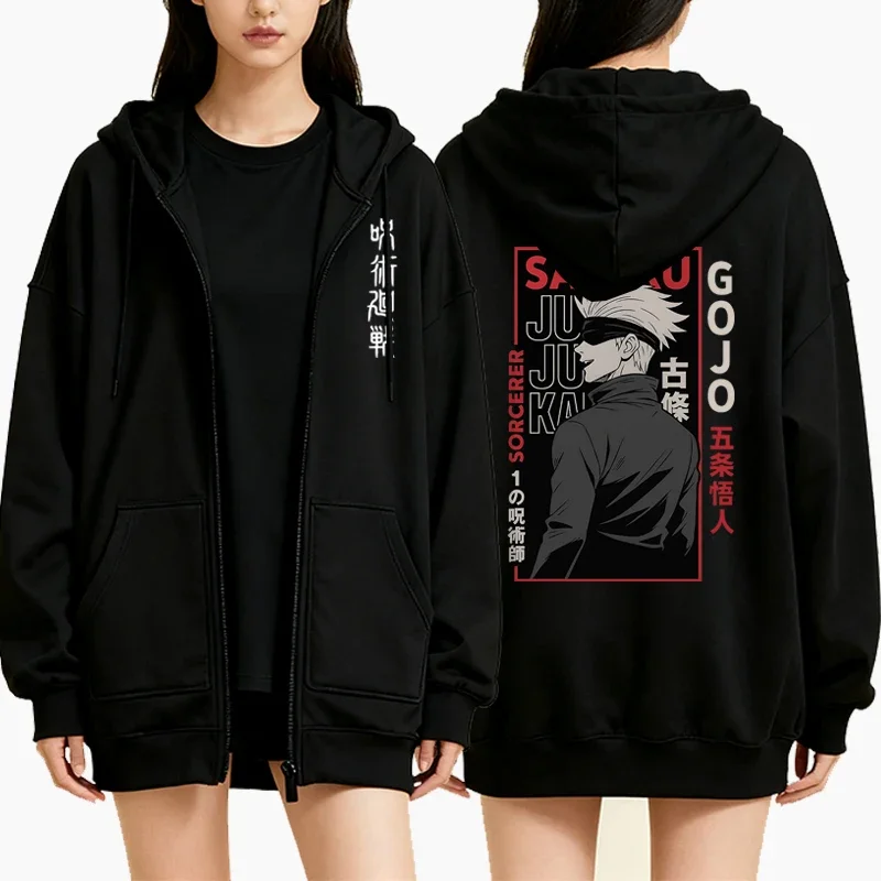 New Jujutsu Kaisen Graphic Zipper Hoodie Women Harajuku Casual Long Sleeve Sweatshirts Autumn Winter Fleece Zip-up Hoodie