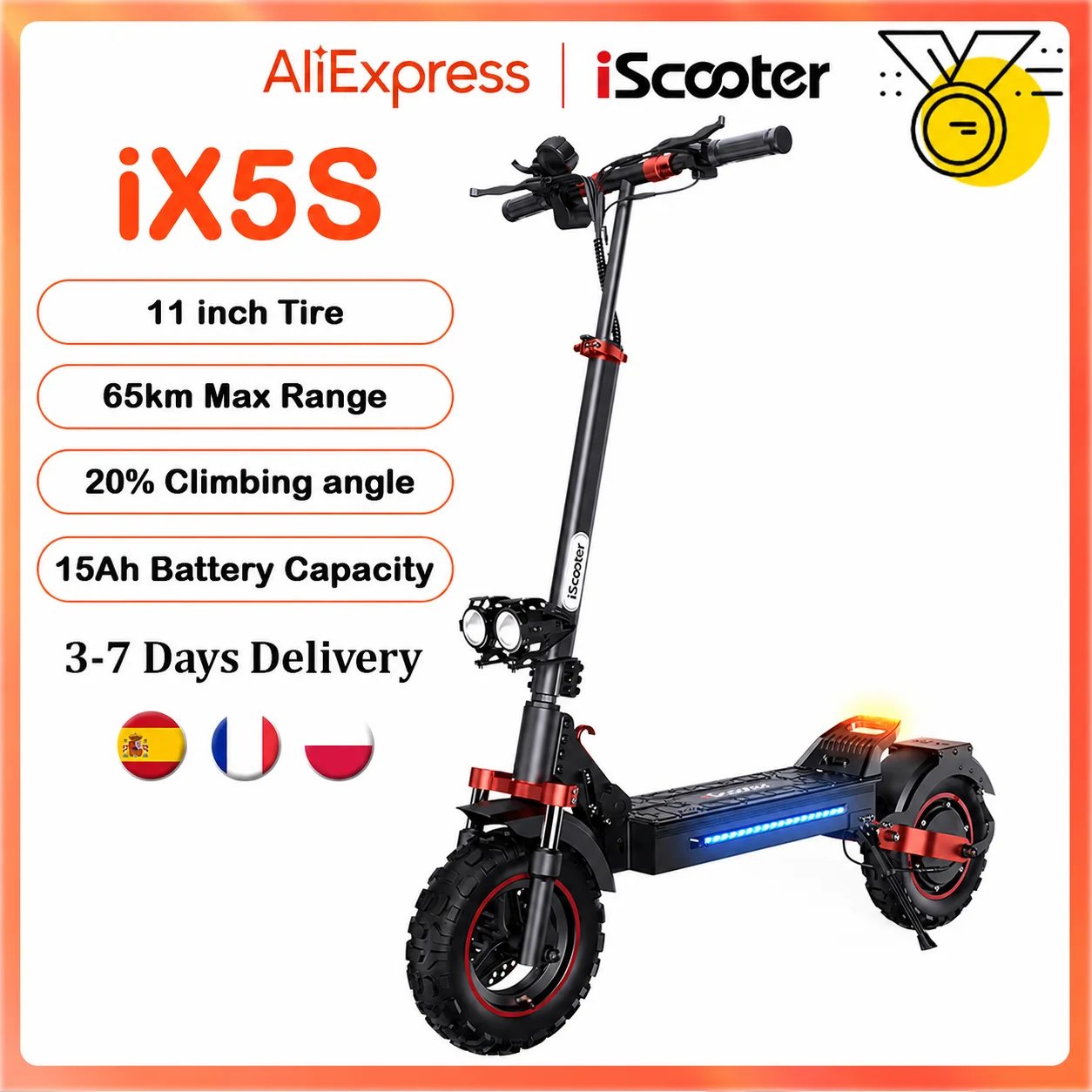 iScooter iX5s Hulajnoga elektryczna 15 Ah 1000 W Mocna hulajnoga terenowa Antypoślizgowe opony pneumatyczne Zasięg 65 km 45 km/h Hulajnoga elektryczna