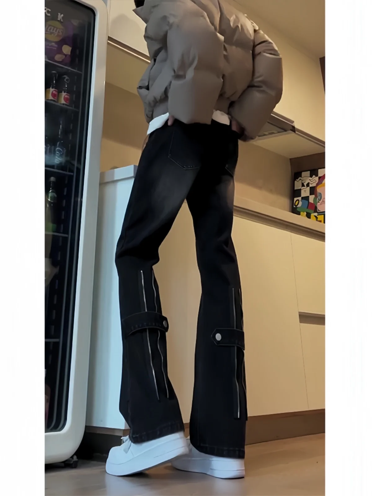 

Мужские джинсы American High Street с несколькими молниями, свободные, прямого кроя, расклешенные, повседневные, черные, из денима, модные, Haome