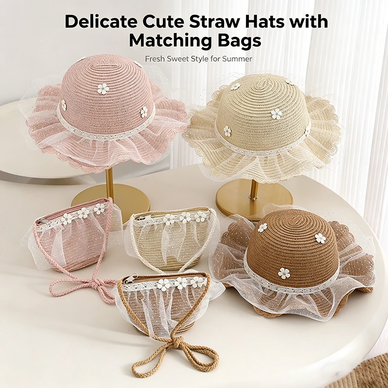 2Pcs Kids Lace Flower Straw Hat Bag Set Summer Beach Sunscreen Sun Hats for Girls