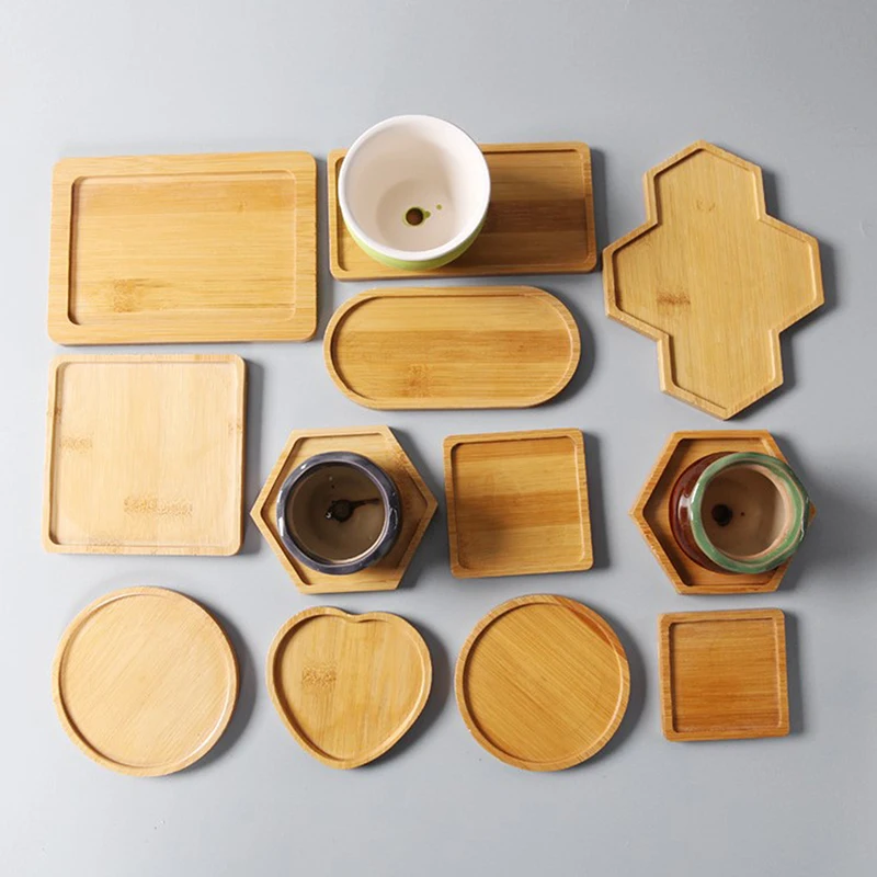 Simple Style Home Decoration Succulents Bonsai Holder Round Square Flowerpot Base Bamboo Wood Tray Gift