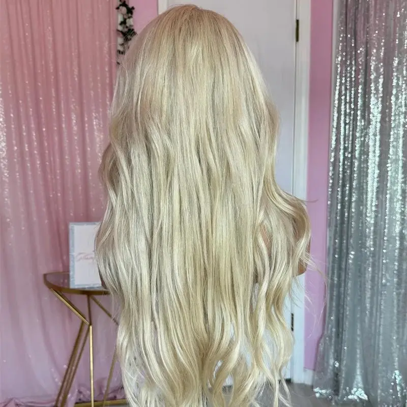 Ombre Icy Blonde Loose Wave HD Transparent Lace Front Wig With Bangs Realistic Hairline Wig For Women High Density Daily/Cosplay