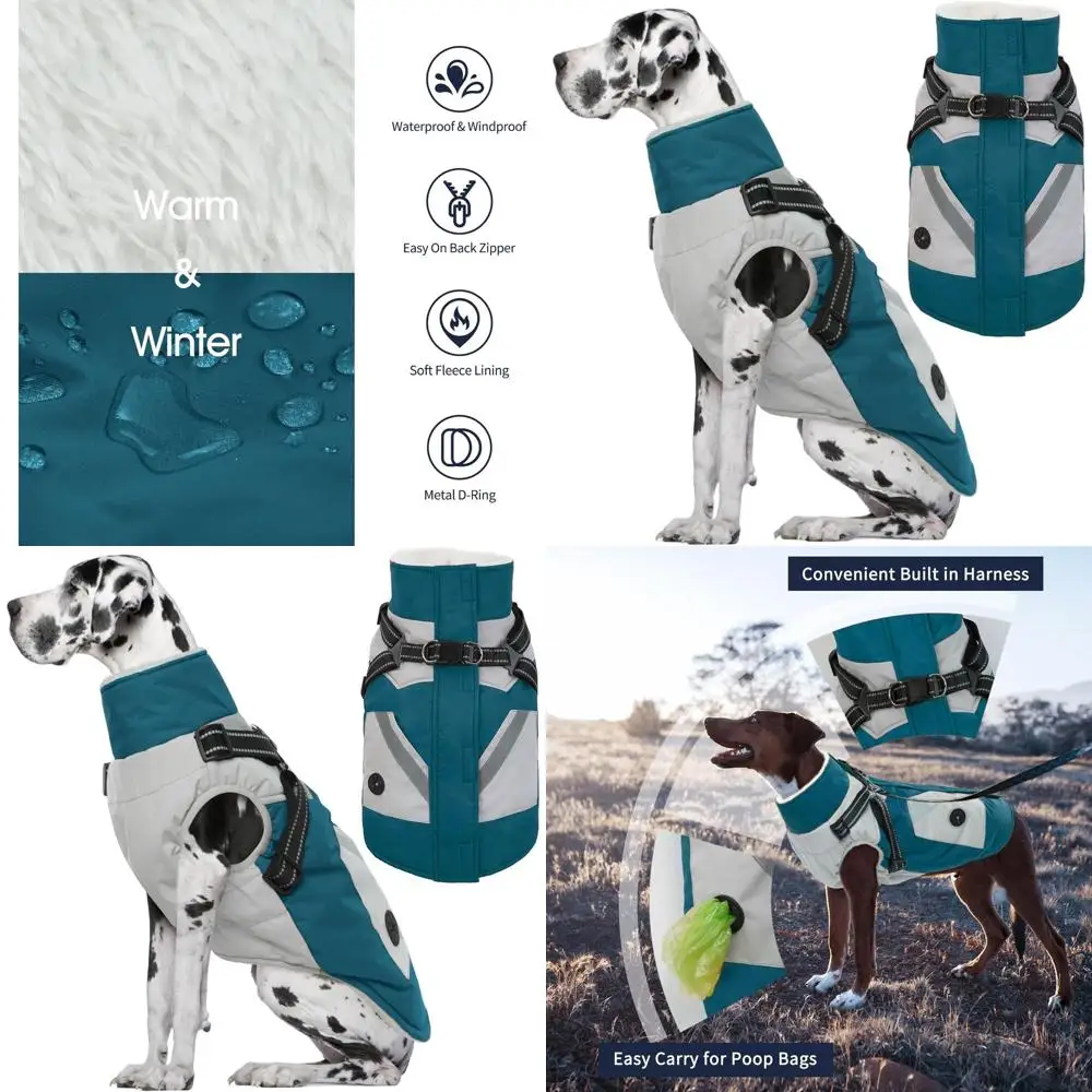 

Reflective Waterproof Dog Coat with Built-in Harness, 4XL Turquoise Green Fleece Jacket for Large Breeds, Ideal for Cold Weather