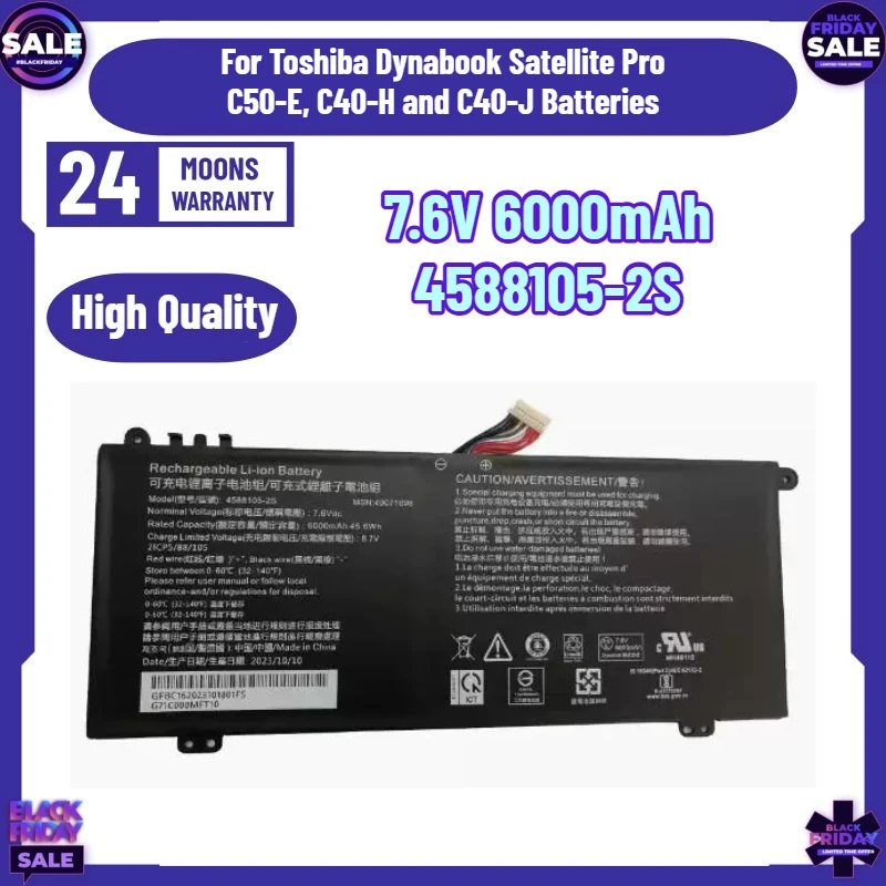 7.6V 6000mAh 4588105-2S Laptop Battery for Toshiba Dynabook Satellite Pro C50-E, C40-H and C40-J Batteries