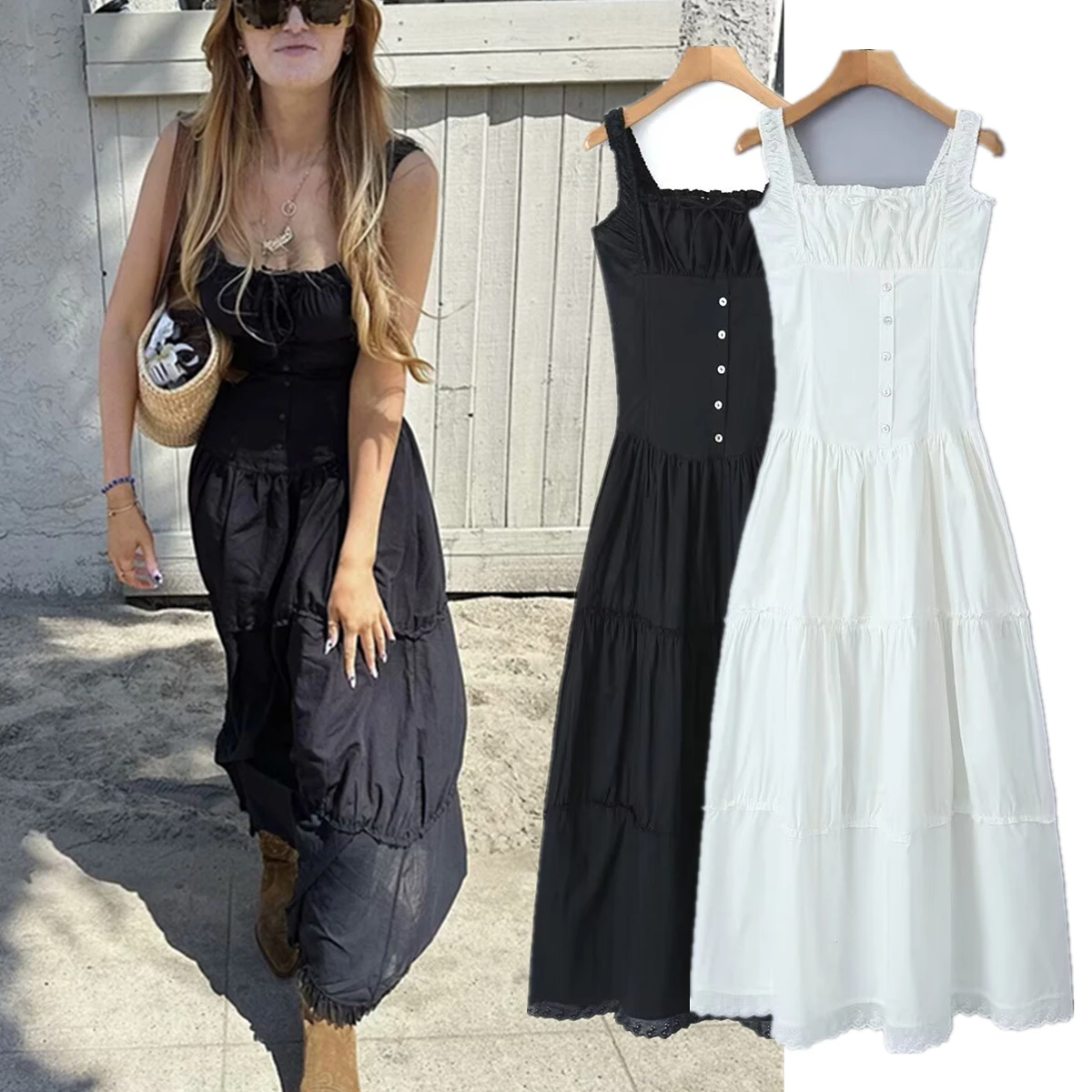 

Jenny&Dave Summer Dress Women Style Camisole Tank Dress Cotton Cascading Party French Vacation Casual Dress