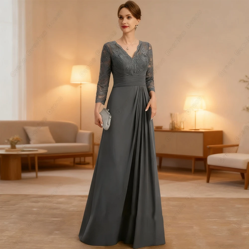 

Exquisite Grey Strapless Mother of Bride Dresses with Lace Floor Length Full Sleeve Wedding Party Dresses Vestidos De Noche New