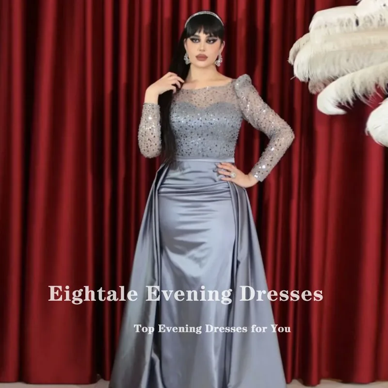 Eightale Evening Dresses with Detachable Gray Customized Color Long Sleeves Mermaid Party Prom Gown Vestidos De Noche