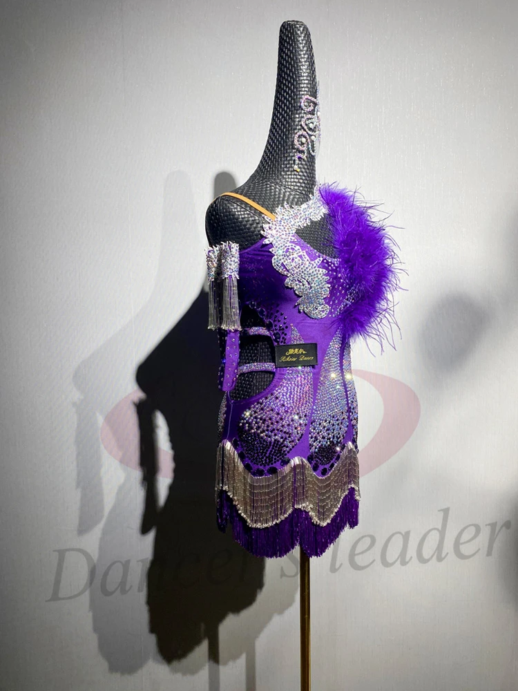 الراقصات اللاتينية، البالغين، الأطفال، فستان زهرة قطيفة أرجواني مخصص عالي الجودة، فستان أداء تانجو سامبا AB Stone #4