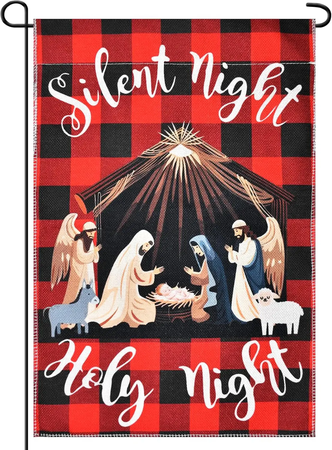 12 x 18 Inches Silent Night Holy Night Garden Flag - Double-Sided Nativity Scene with Buffalo Plaid Background Yard Flag Ind SSL