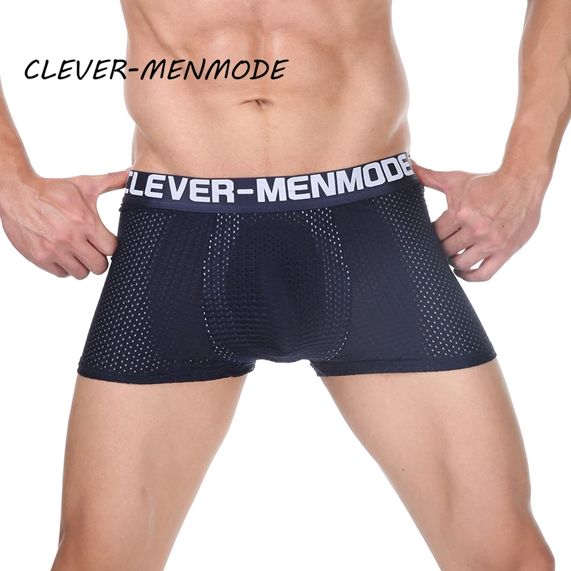 

CLEVER-MENMODE New Men Sexy Boxer Shorts Mesh Breathable Gay Penis Pockets Panties Elastic Pajamas U Convex Comfortable Lingerie