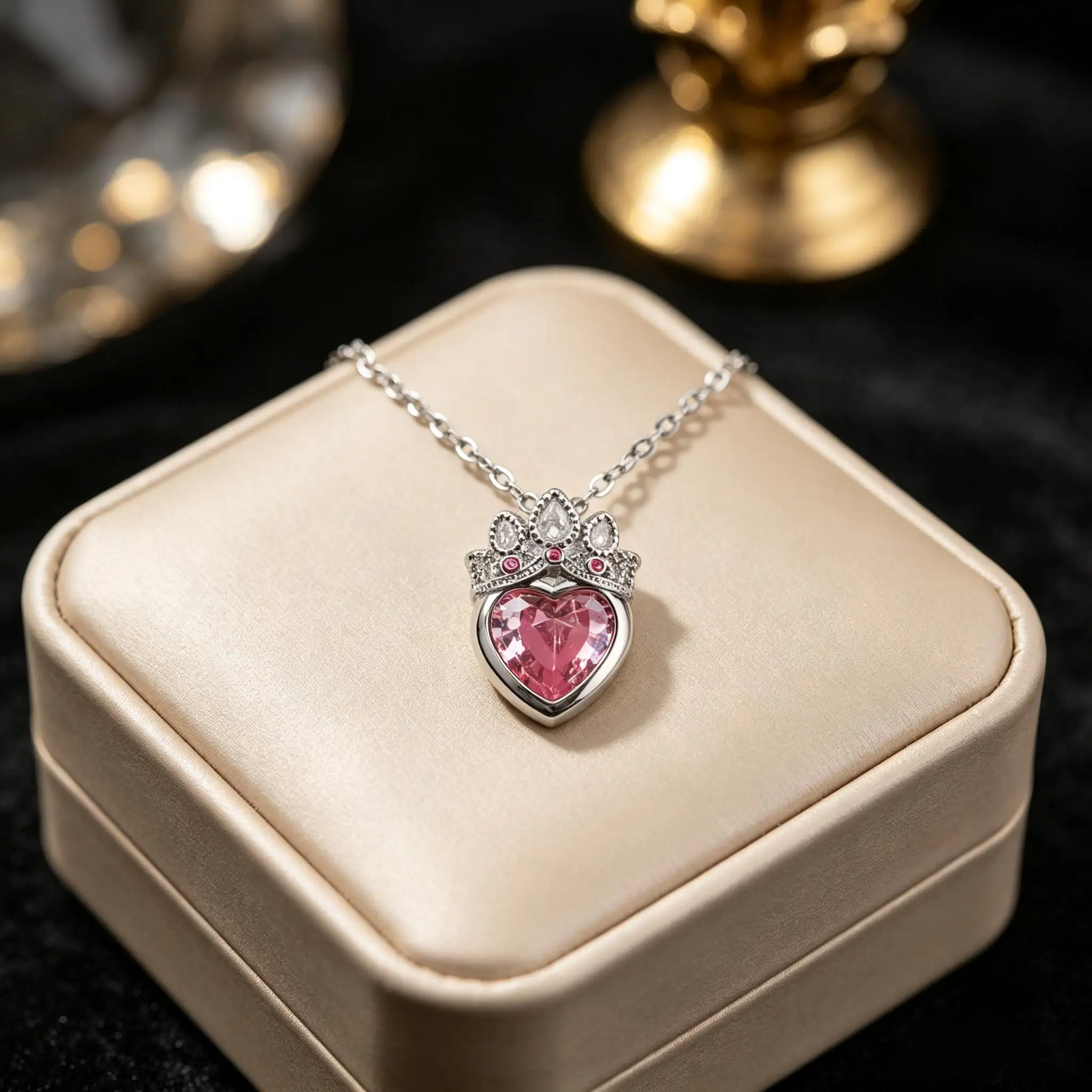 Cute And Romantic Pink Crystal Crown Heart‑Shaped Pendant Necklace Women's Fashion Jewelry And Accessories Party Jewelry Gifts