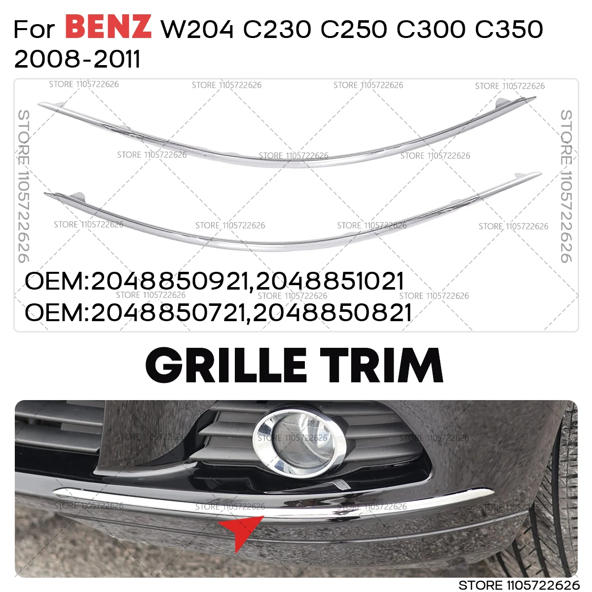 For  Mercedes-Benz W204 C300 C350 C63 AMG 2008 2009 2010 2011 Front Bumper Chrome Trim Molding 2048850821 2048850721