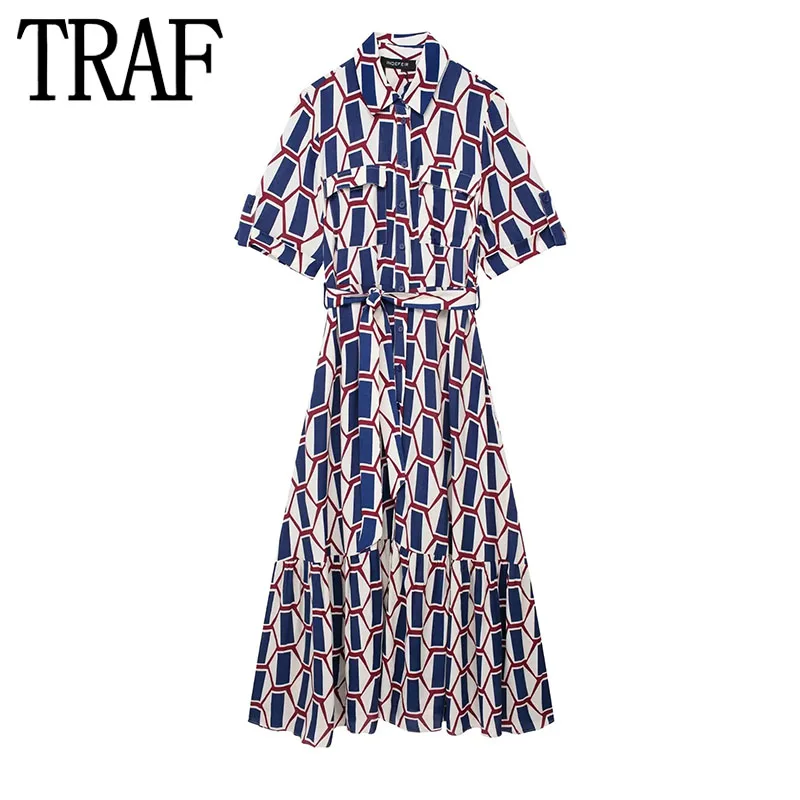 TRAF Geometric Print Shirt Dress Woman Ruffle Long Dresses For Women Short Sleeve Summer Dresses 2024 Belt Midi Casual Dress